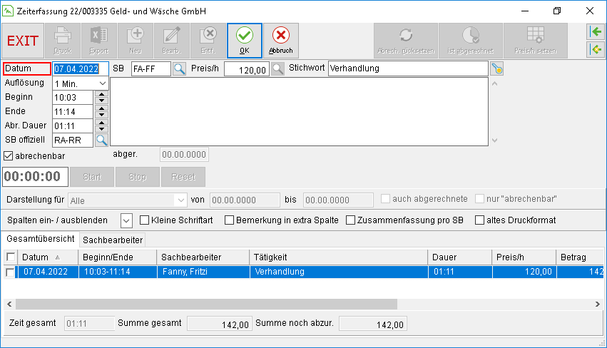Das Fenster "Zeiterfassung"