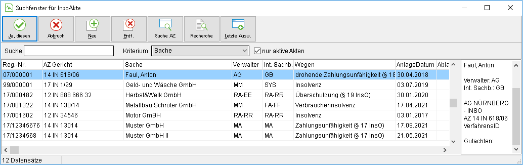 Das Suchfenster für InsoAkte