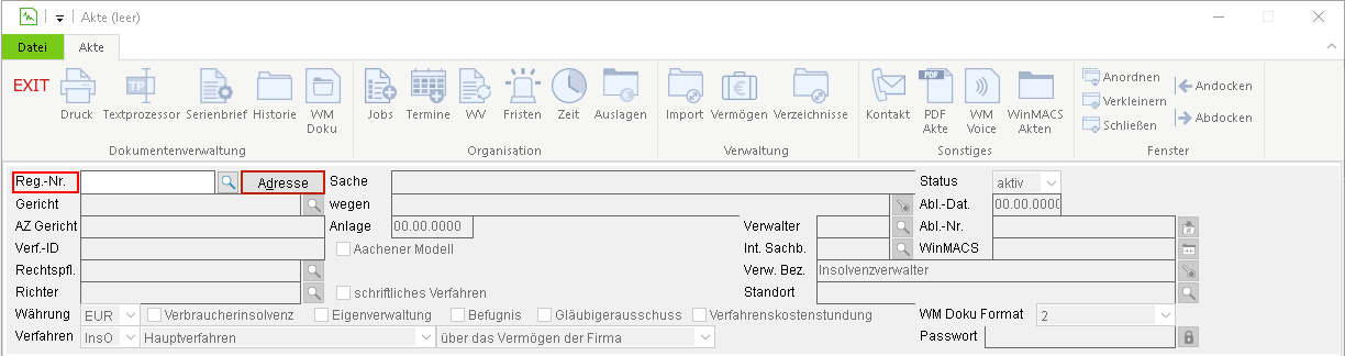Die Adress-Suche im Akten-Fenster