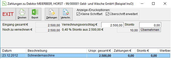 Das Fenster "Zahlungen zu Debitor ..."