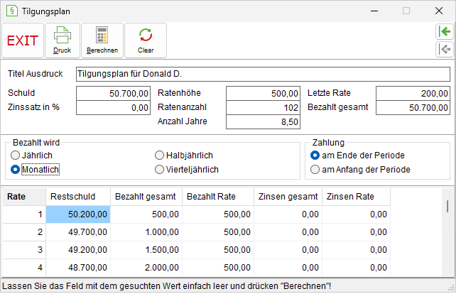Das Fenster "Tilgungsplan"