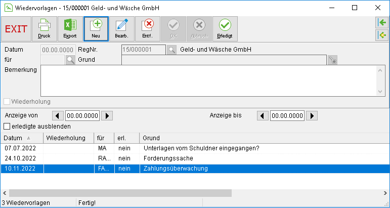 Das Fenster "Wiedervorlagen"