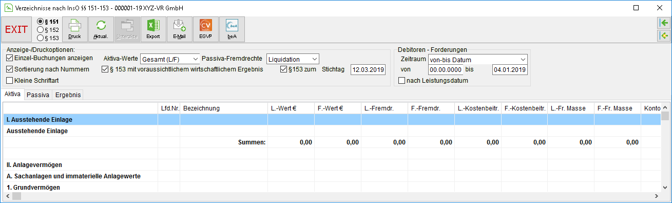 Das Fenster "Verzeichnisse nach InsO §§ 151-153"