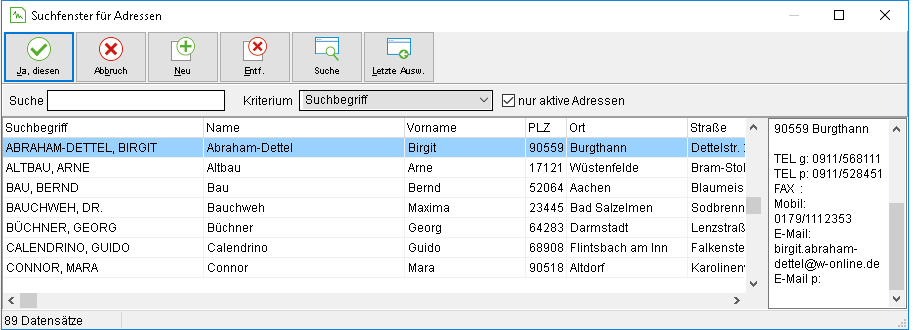 Das Suchfenster für Adressen