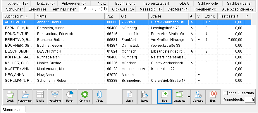 Die Akten-Registerkarte "Gläubiger"
