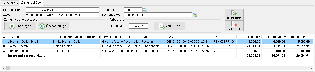Das Verteilungsverzeichnis: das Register "Zahlungsträger"