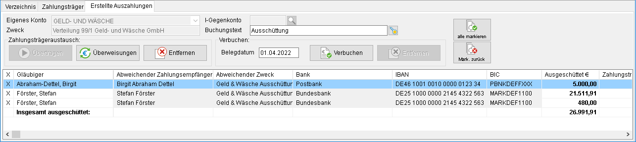 Das Verteilungsverzeichnis: das Register "Erstellte Auszahlungen"