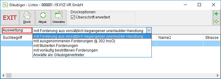 Das Fenster "Gläubiger – Listen"