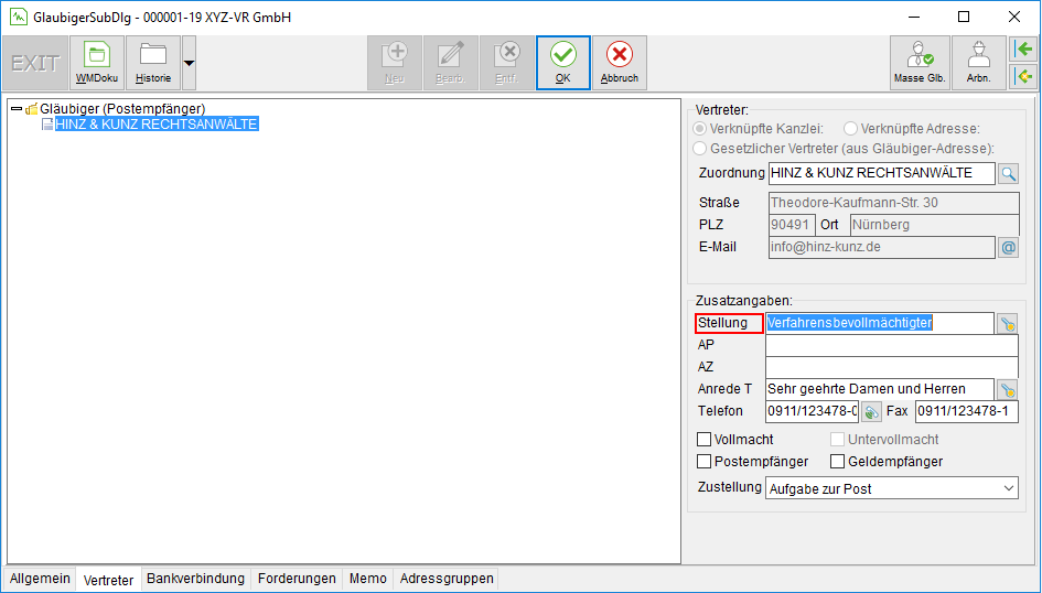 Die Gläubiger-Unterakte: das Register "Vertreter"
