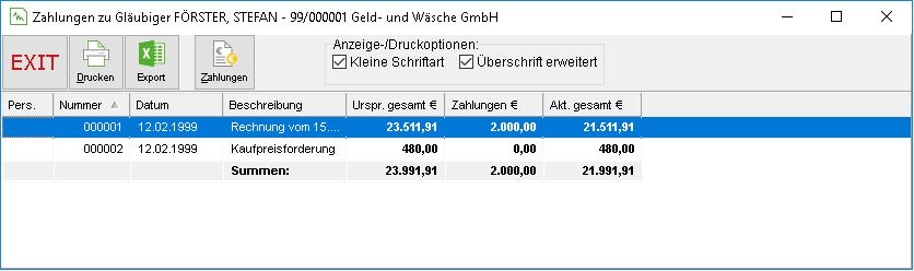 Das Fenster "Zahlungen zu Gläubiger"