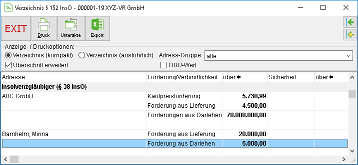 Das Fenster "Verzeichnis § 152 InsO"