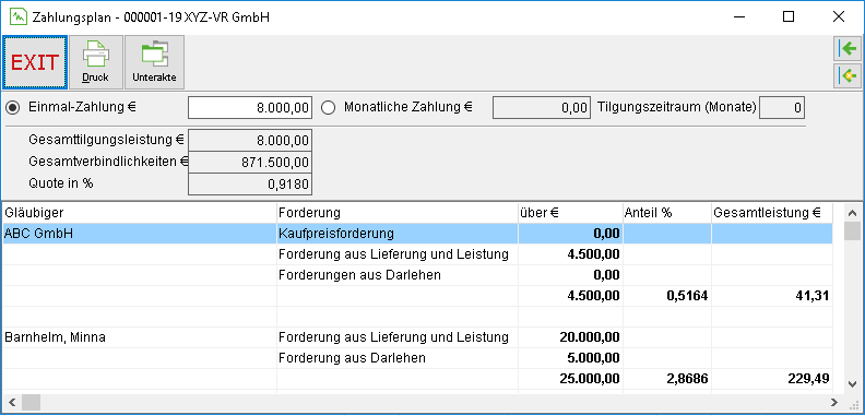 Das Fenster "Zahlungsplan"
