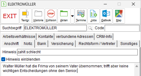 Das Adressfenster: die Registerkarte "Notiz"