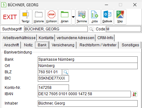 Das Adressfenster: die Registerkarte "Bank"
