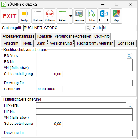 Das Adressfenster: die Registerkarte "Versicherung"