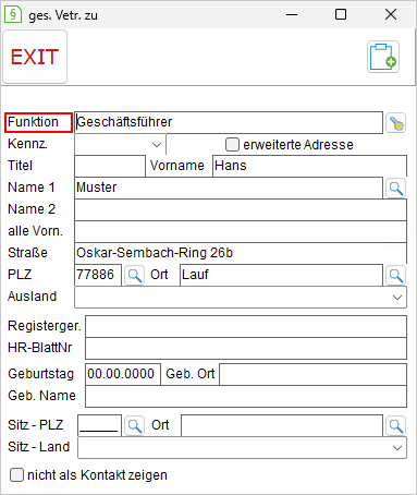 Das Fenster "gesetzlicher Vertreter zu ..."