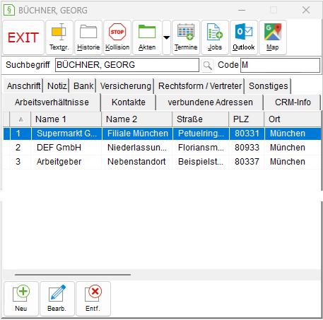 Das Adressfenster: die Registerkarte "Arbeitsverhältnisse"