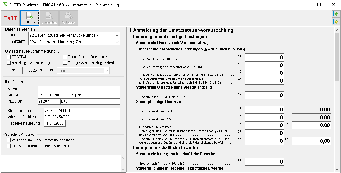Das Fenster "ELSTER-Schnittstelle ERiC Version >> Umsatzsteuer-Voranmeldung"