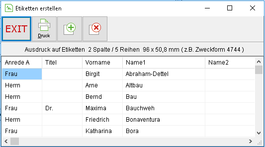 Das Fenster "Etiketten erstellen"
