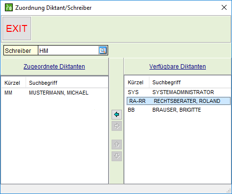 Das Fenster "Zuordnung Diktant/ Schreiber"