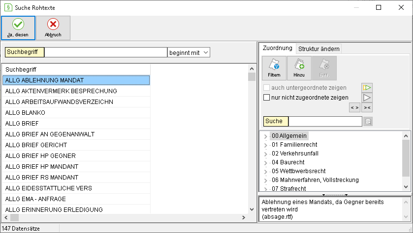 Das Suchfenster für Rohtexte