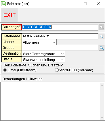 Das Fenster zum Verwalten von Rohtexten