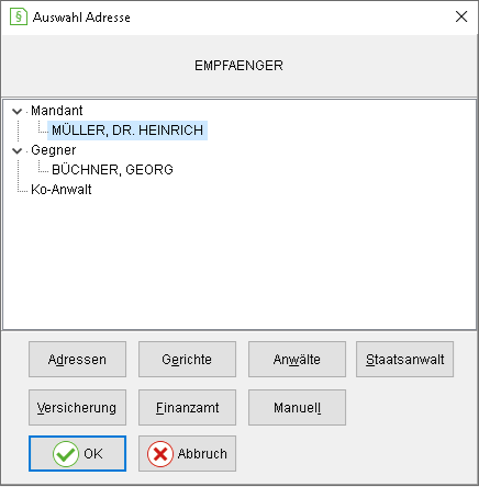 Das Fenster zur Auswahl der Empfänger-Adresse