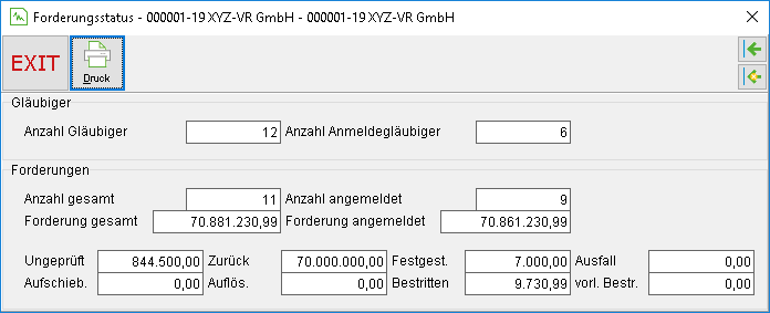 Fenster Forderungsstatus