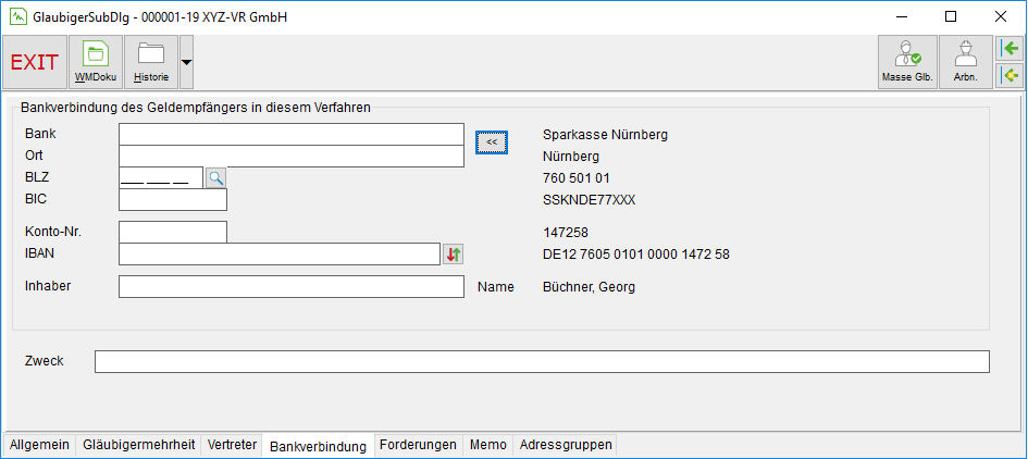Die Gläubiger-Unterakte: das Register "Bankverbindung"