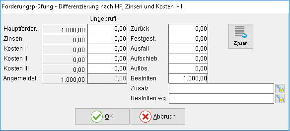 Das Fenster "Forderungsprüfung"