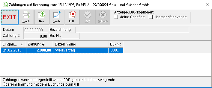 Das Fenster "Zahlungen auf Rechnung"