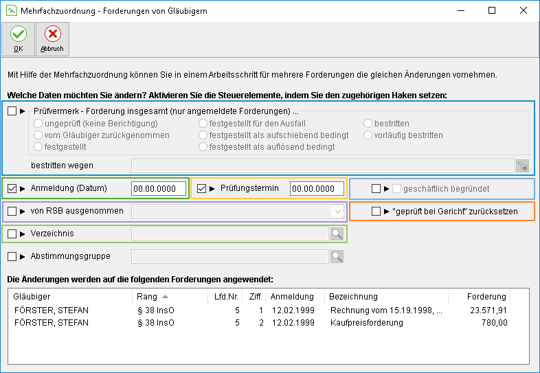 Das Fenster "Mehrfachzuordnungen – Forderungen von Gläubigern"