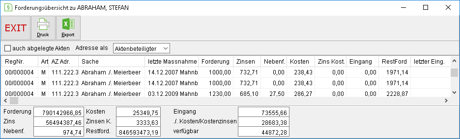 Das Fenster "Forderungsübersicht zu ..."
