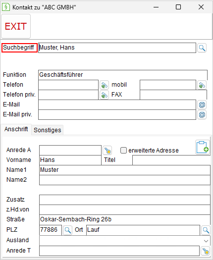 Das Fenster "Kontakt zu ..."