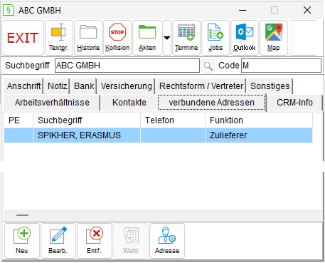 Das Adressfenster: die Registerkarte "verbundene Adressen"