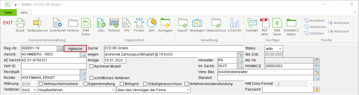 Adressen-Suche im Akten-Fenster (Ausschnitt)