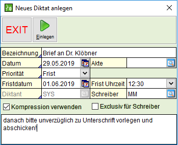 Das Fenster "Neues Diktat anlegen"