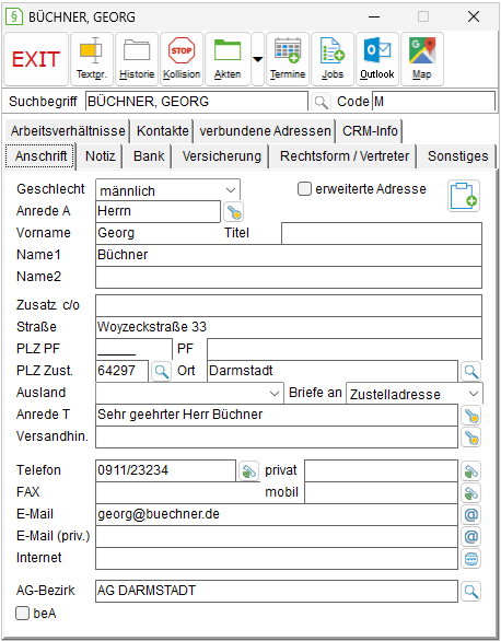 Das Adressfenster: die Registerkarte "Anschrift"