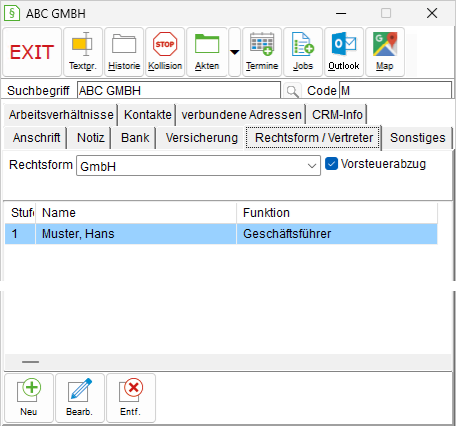 Das Adressfenster: die Registerkarte "Rechtsform/ Vertreter"