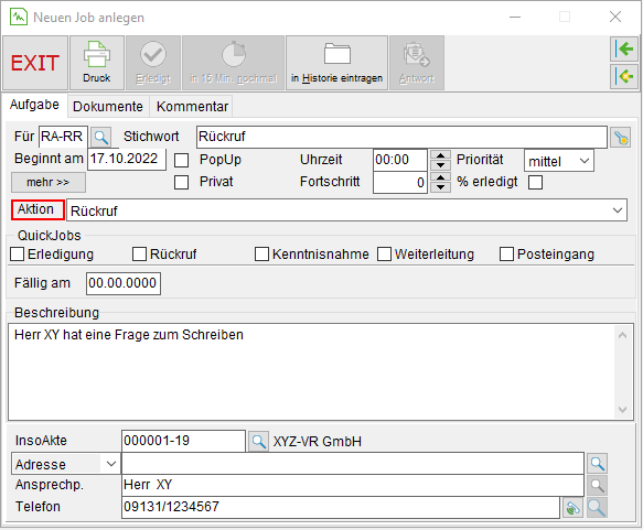 Das Fenster "Neuen Job anlegen"