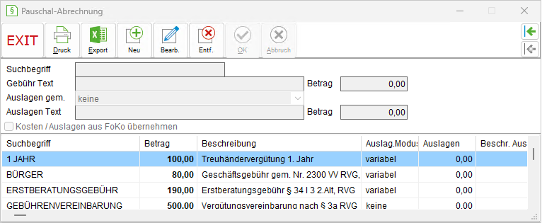 Das Fenster "Pauschal-Abrechnung"