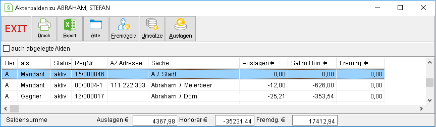 Das Fenster "Aktensalden zu ..."