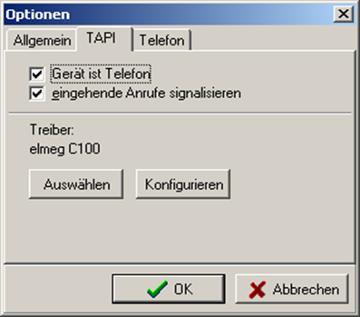 Die Optionen-Registerkarte "TAPI"