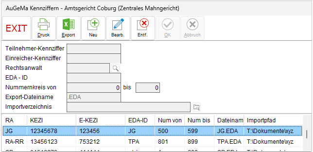 Das Fenster "AuGeMa Kennziffern – Amtsgericht ..."