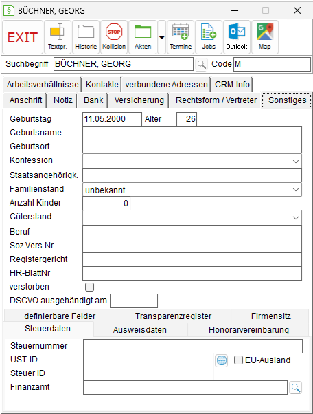 Das Adressfenster: die Registerkarte "Sonstiges"