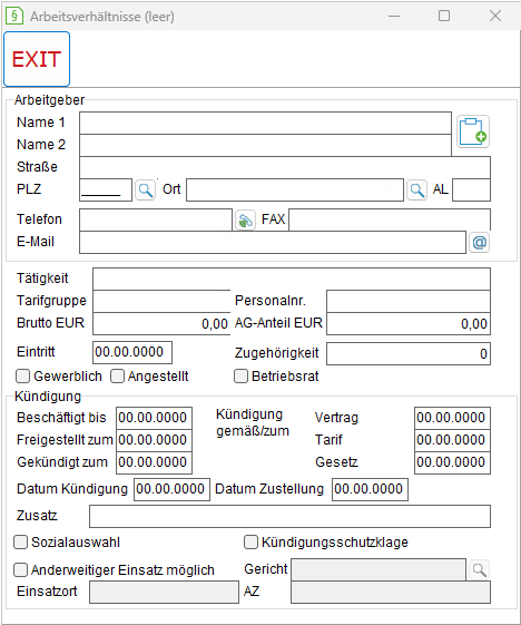 Das Fenster "Arbeitsverhältnis"