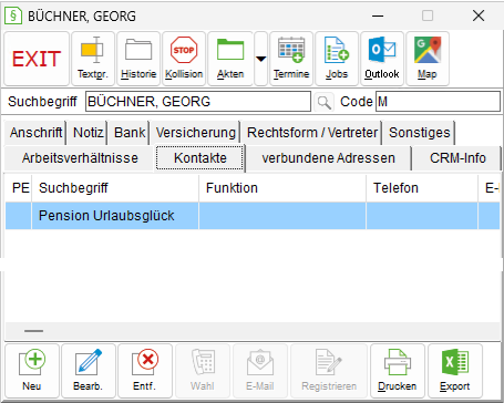 Das Adressfenster: die Registerkarte "Kontakte"