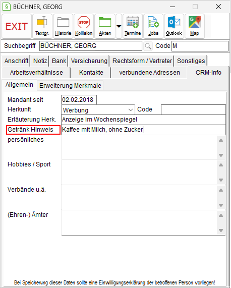 Das Adressfenster: die Registerkarte "CRM-Info"