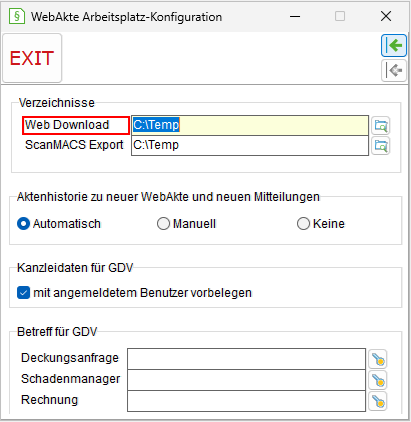 Das Fenster "WebAkte – Arbeitsplatz-Konfiguration"