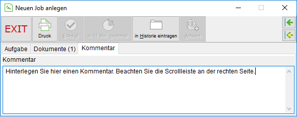 Das Fenster "Neuen Job anlegen": die Registerkarte "Kommentar"